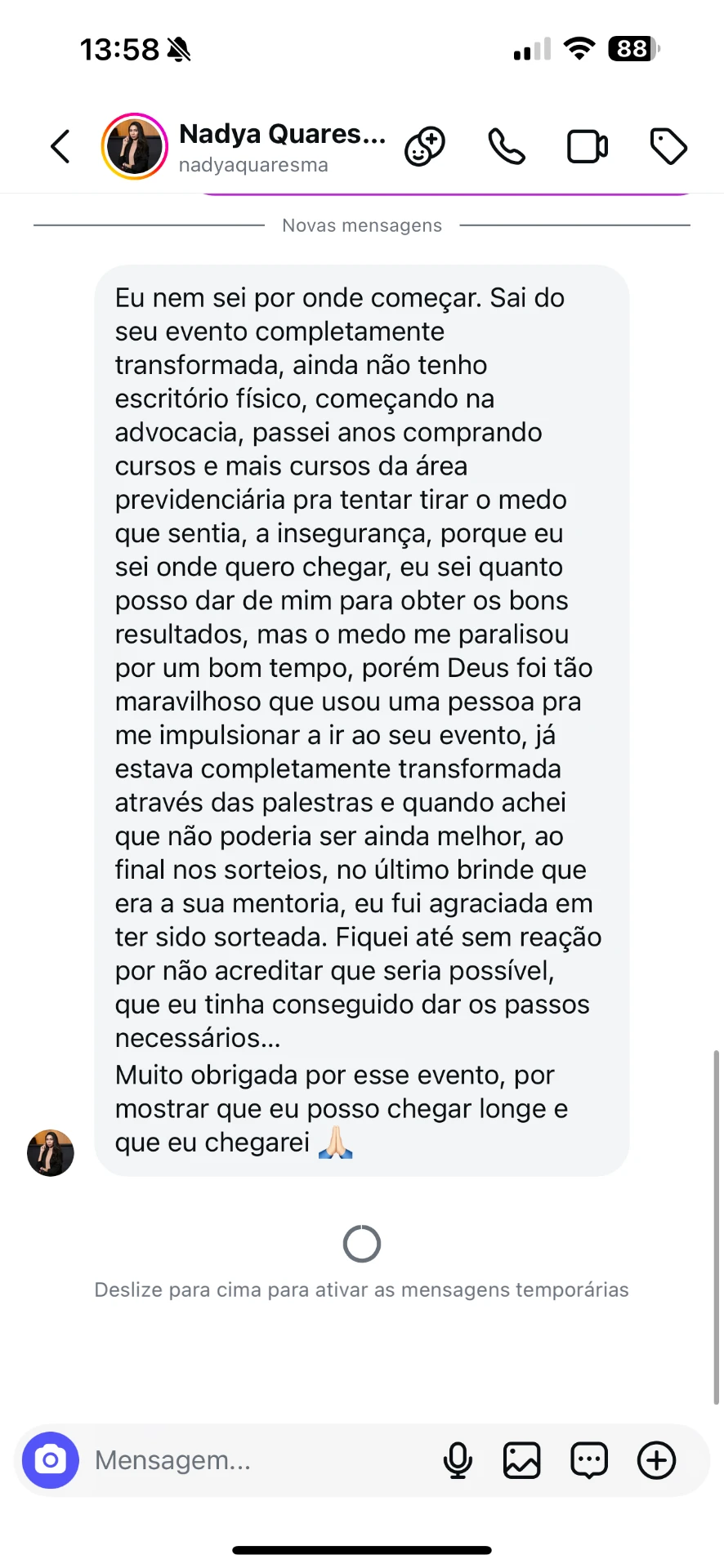 Depoimento de participante recebido no Instagram